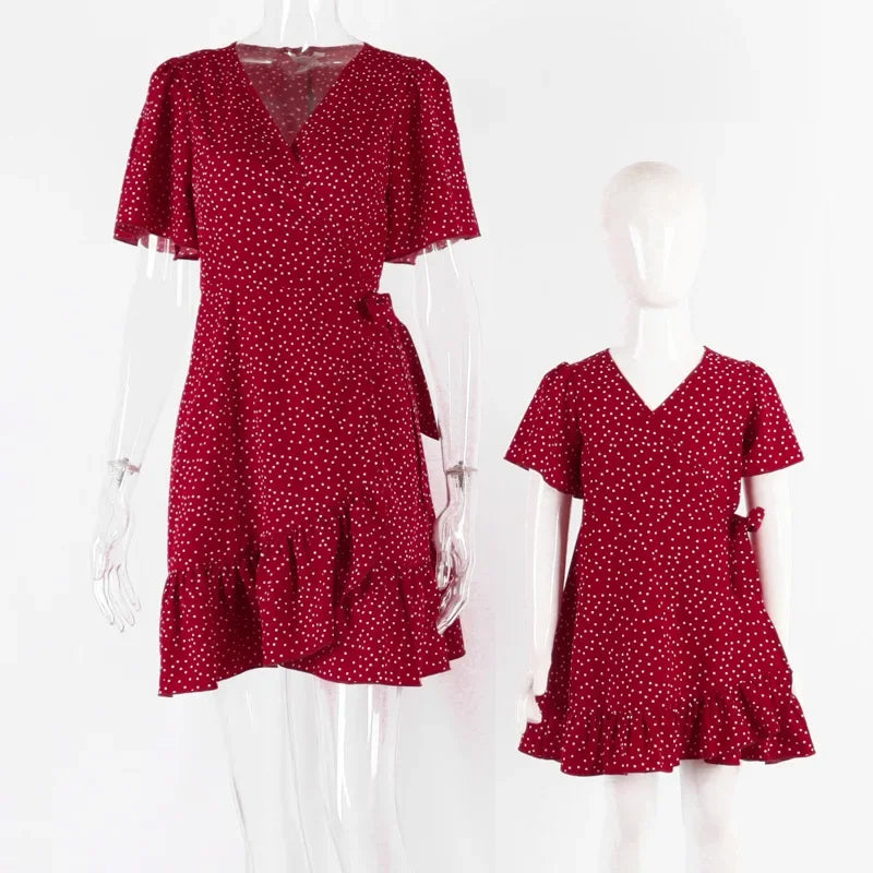 Polka Dot Ruffle Trim Short Sleeve Mini Dress Mother & Daughter Matching Set | Inspired by Beren Saat