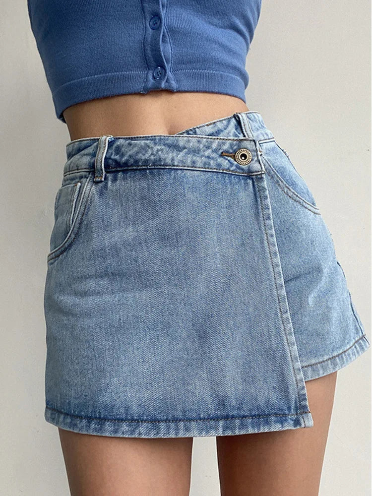 2026 Summer Women High Waist A-line Shorts Light Color Fake Two-piece Design Elegant Slimming Hot Girl Pants Denim Short Skirt