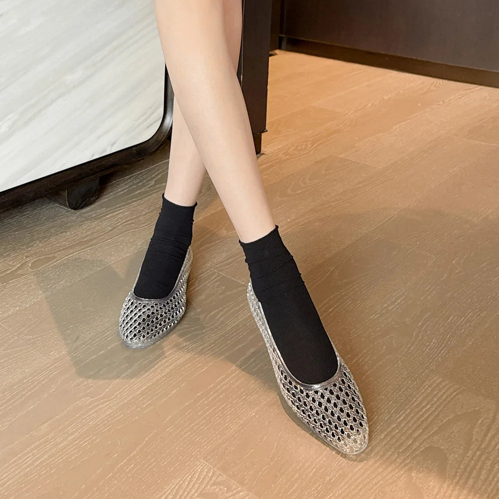 Transparent Crystal Shoes for Women Pointed Toe Hollow-out Flower Decoration DIY Hole Sandals Korean Jelly Shoes Casual Sandals