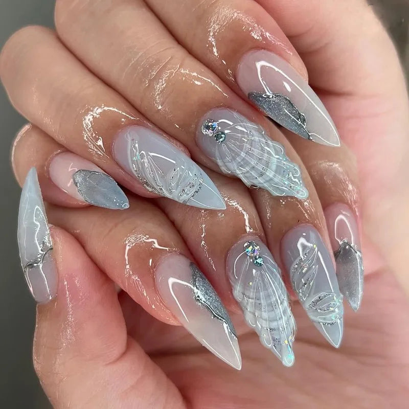 30Pcs False Nails Summer Ocean Style with Cool 3D French Tips High-Quality Press-On Nails Perfect As A Gift for Girls and Friend