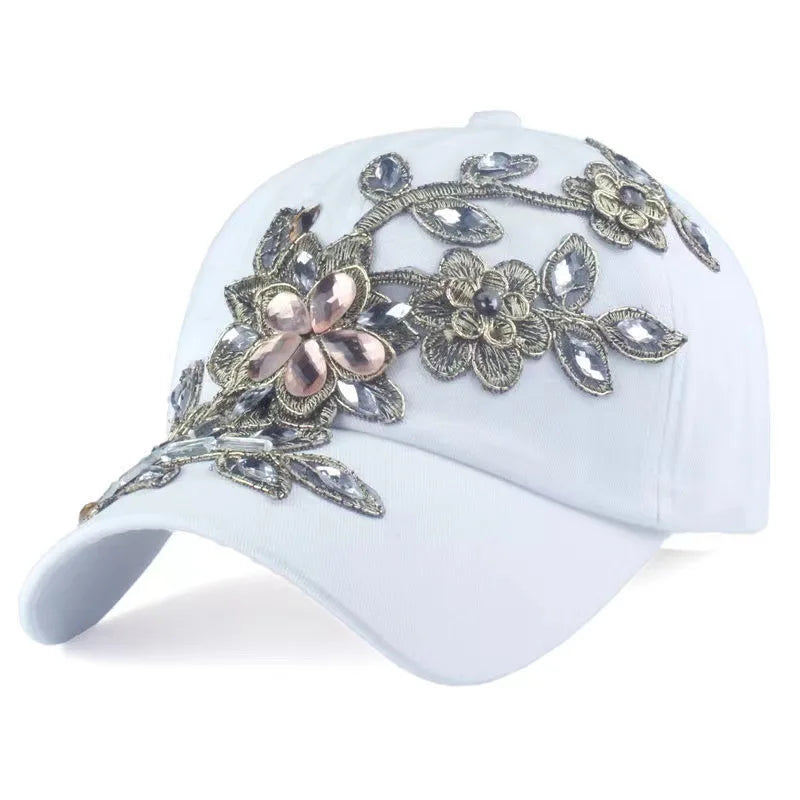 Ladies' Denim Hat Handcrafted Diamond-Studded Baseball Cap Floral Hat Fashion Rhinestone Visor Cap