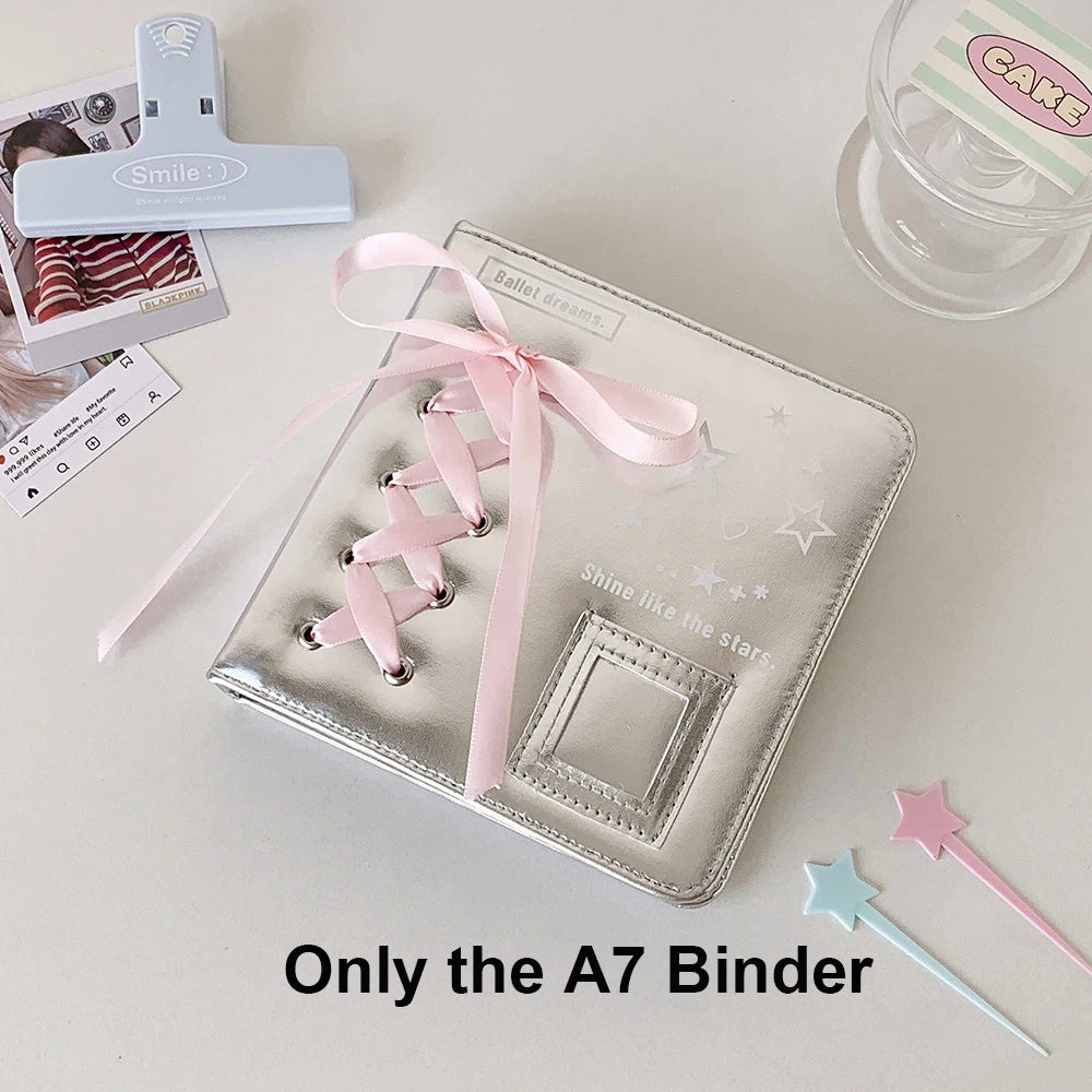 A5 A7 Silver PU Leather Photocard Binder Album Photos Cards Book Pink Bowtie Decor Instax Mini Collect Scrapbooking Scrap Album