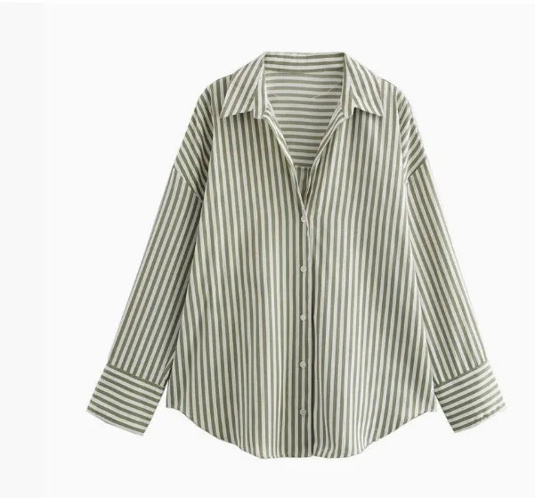 Striped Collar Shirt Oversized Single Long Sleeve Shirt Casual Stylish Loose Chic Button Shirt Spring Womens Versatile Top