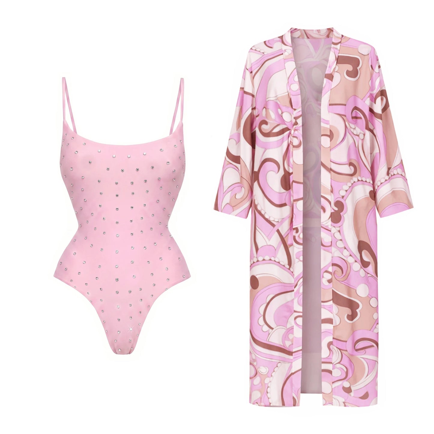 3Pcs Diamond Bikini With Cover Up Sexy Women Swimsuit Swimwear Female Bandeau Biquini Pink Print Swim Suit Beachwear Bathingsuit