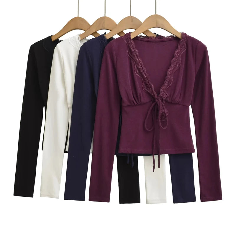 Women's Lace Trim Plunge V Neck Long Sleeved Slim Fit Top