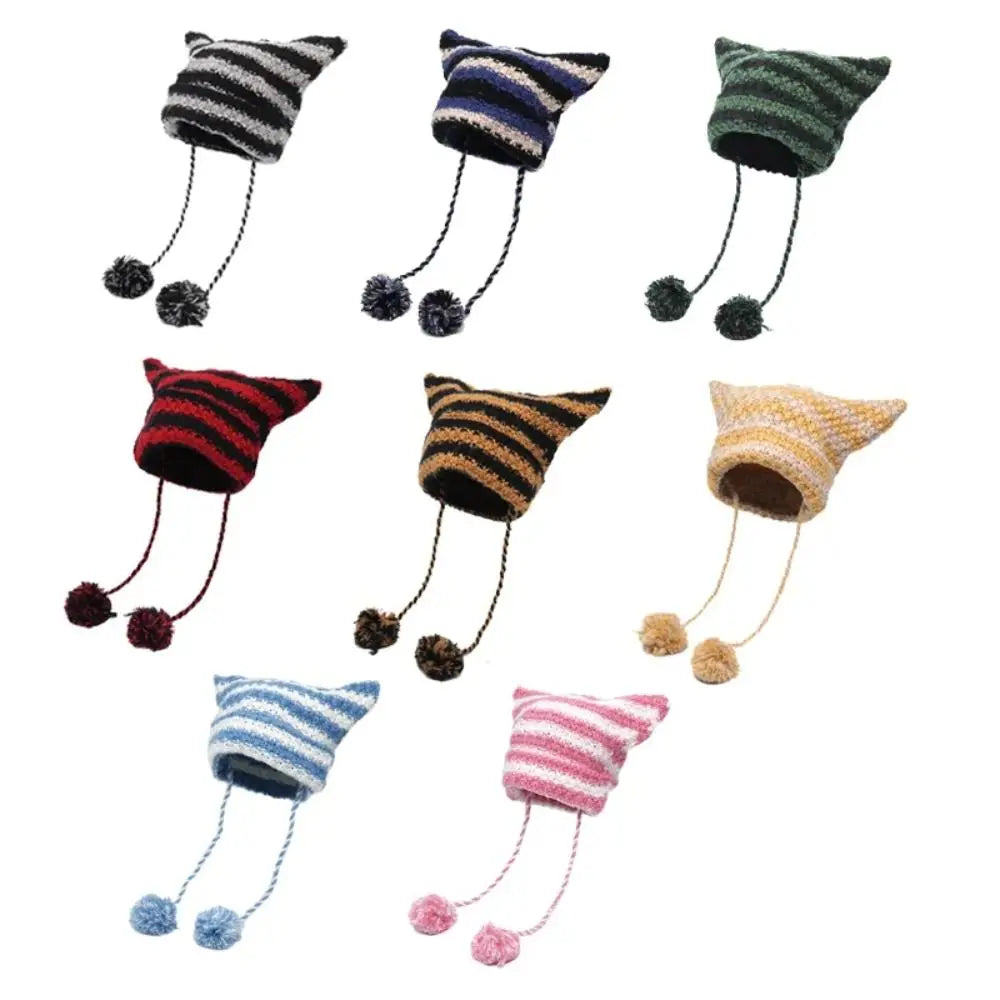 Fshion Y2K Knitting Striped Beanie Hat Cute Wool Hanging Ball Knitted Beanie Hat Cat Ears Pointed Pullover Hats Autumn Winter
