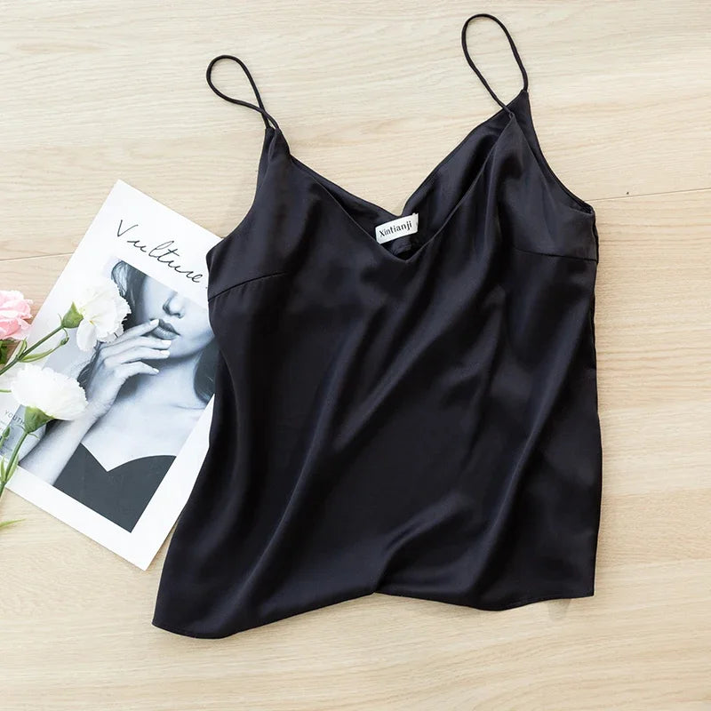 Sexy V-neck Satin Camisole Top Chic High Quality Outer Wear Inner Bottom Top With Suit Summer New Ladies Sleeveless Tank Tops