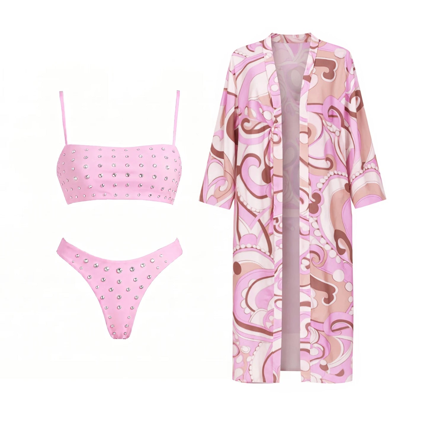 3Pcs Diamond Bikini With Cover Up Sexy Women Swimsuit Swimwear Female Bandeau Biquini Pink Print Swim Suit Beachwear Bathingsuit