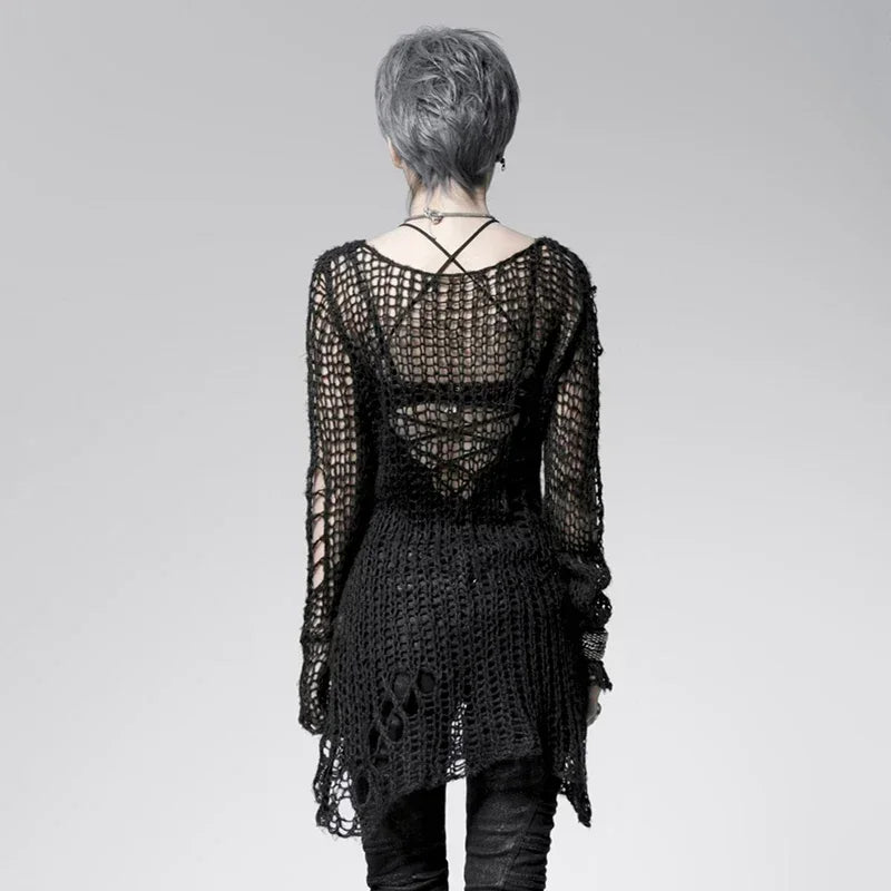 PUNK RAVE Women's Punk Broken Pullover Striped Sweater Gothic Visual Kei Fashion Daily Loose Tops Women Clothing