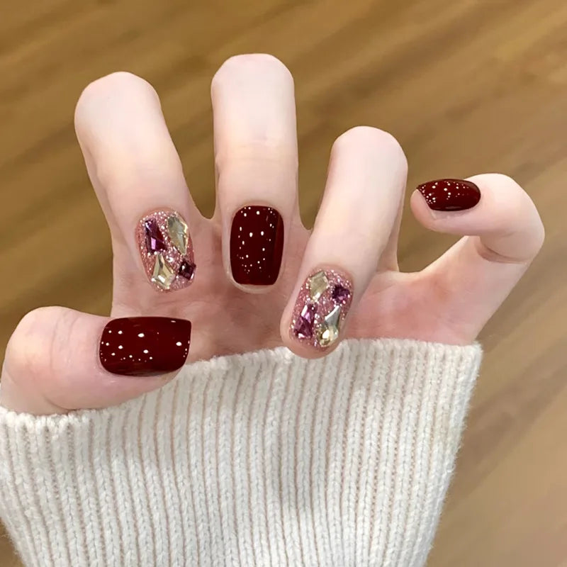 24pcs Cute Girly Short Square False Nails Sweet White French Nail Glitter Star Rhinestones Nail Art Cat Eye Bow Press On Nails