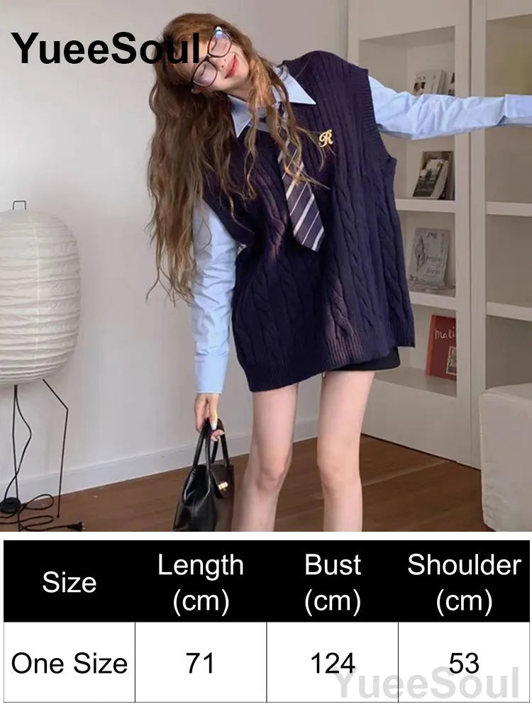 Blue Argyle Women's Vest Plaid Sleeveless Pullover Loose Knitted Sweater Vest 2026 New Autumn Y2K Casual Oversized Waistcoat