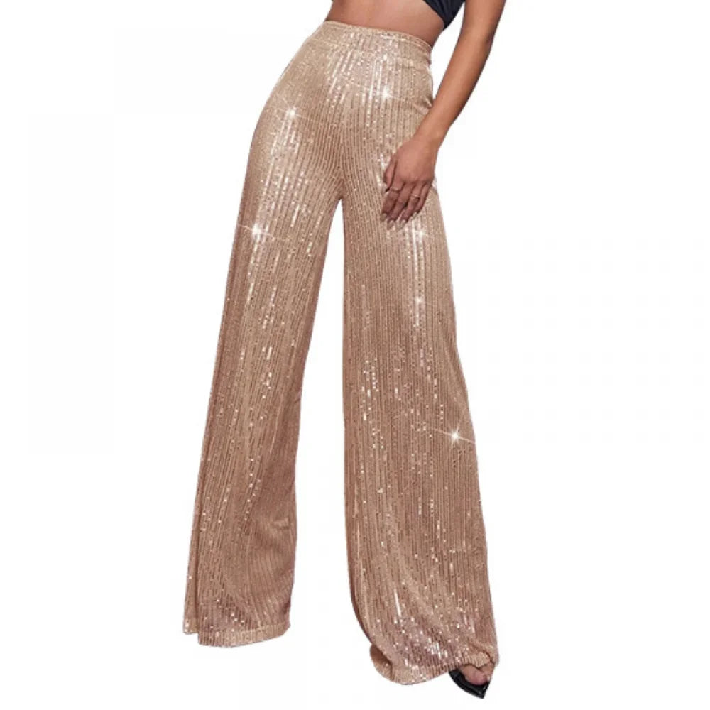New Women Casual Sequin Sparkle Glitter Pants High Waist Flared Pants Elastic Loose Wide Disco Trousers Clubwear  Costumes