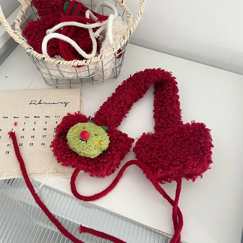 Cute Apple Shape Design Red Plush Earmuffs for Women Autumn and Winter Warm Ear Protection Fashion Versatile Straps Hairband