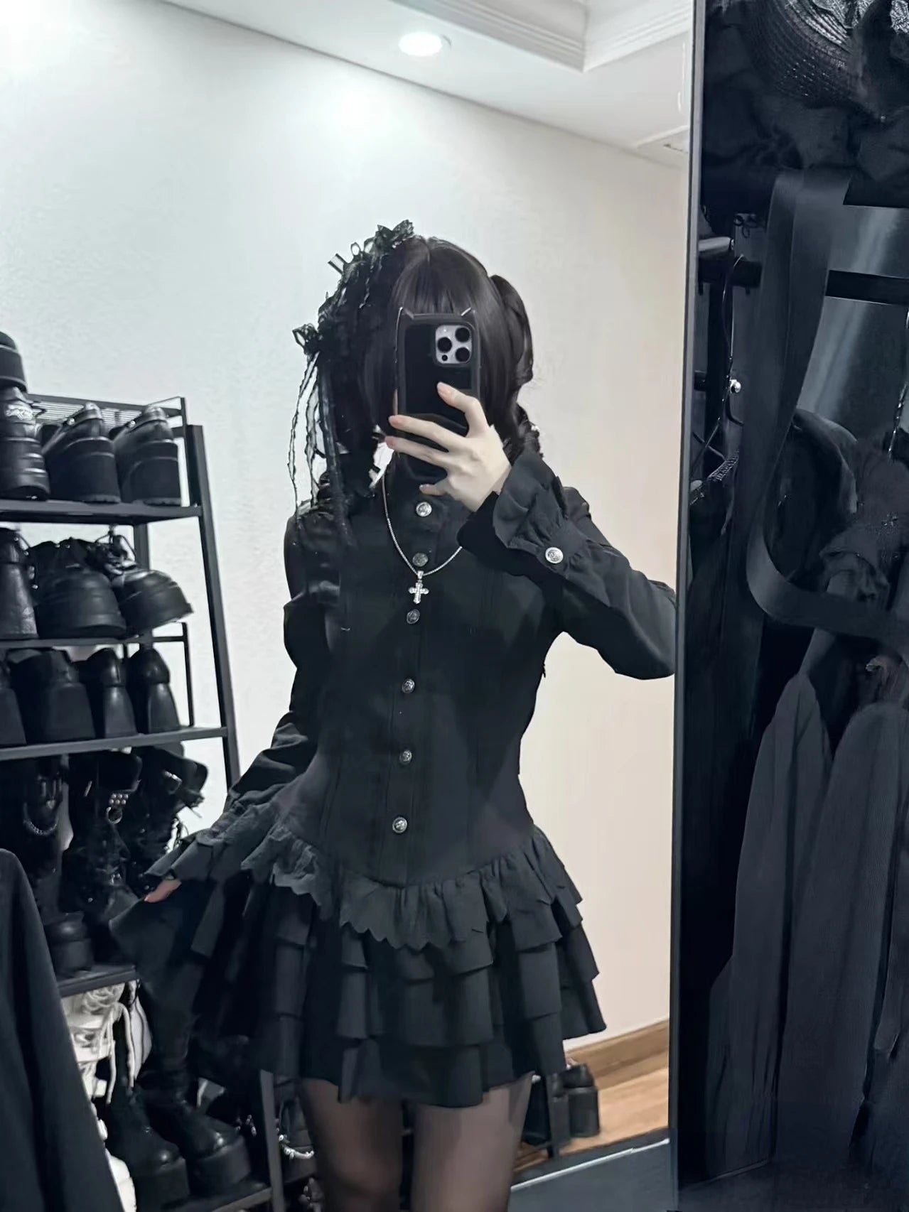 2025 Lace Button Long Sleeve Mini Dress Y2k Vintage Gothic Style Lace Up Dress Women High Street Black Lolita Slim Short Skirt