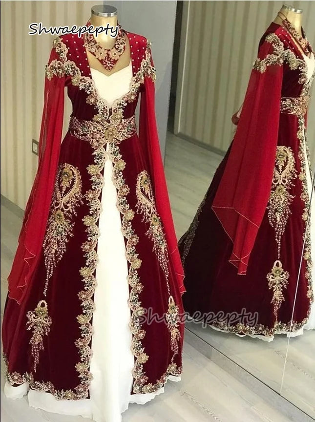 Customized Arabic Kaftan Prom Dress Red Velvet Long Sleeves Moroccan Elegant Formal Occasion Gowns Gold Lace Appliques Beaded