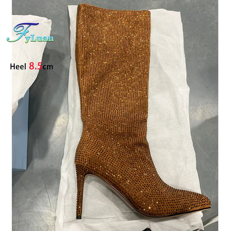 Gorgeous Rhinestones Boots Full Crystal Diamond Star Stage Shoes Women Pointy Knee-high 8.5CM Thin Heel Glitter Party Long Boots