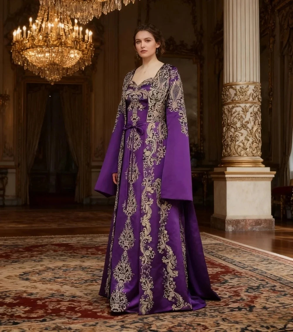 Purple Moroccan Caftan Formal Evening Dresses A-line Long Sleeves Appliques Prom Dresses Arabic Party Dresses Customized