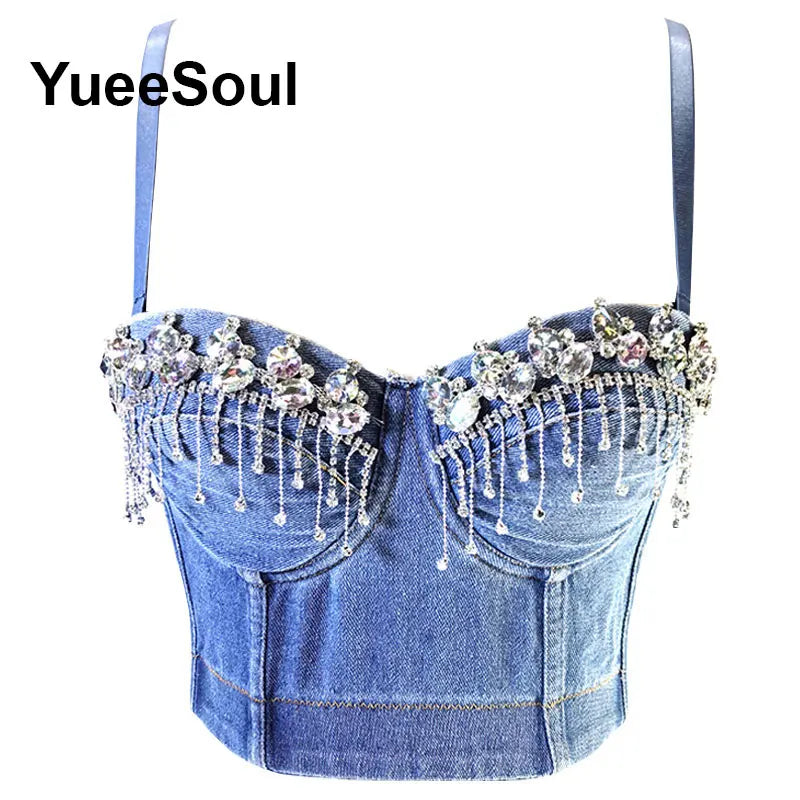 Denim Crop Tops Pearl Tassel Diamond Flower Blue Sleeveless Sexy Corset 2000s 2026 Summer New Y2K Party Evening Woman Clothes