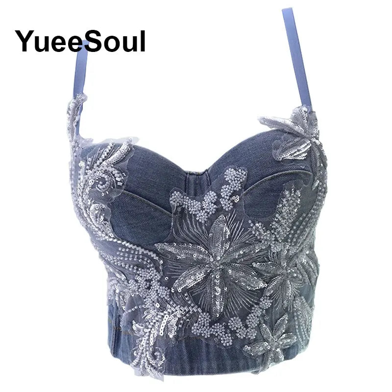 Denim Crop Tops Pearl Tassel Diamond Flower Blue Sleeveless Sexy Corset 2000s 2026 Summer New Y2K Party Evening Woman Clothes