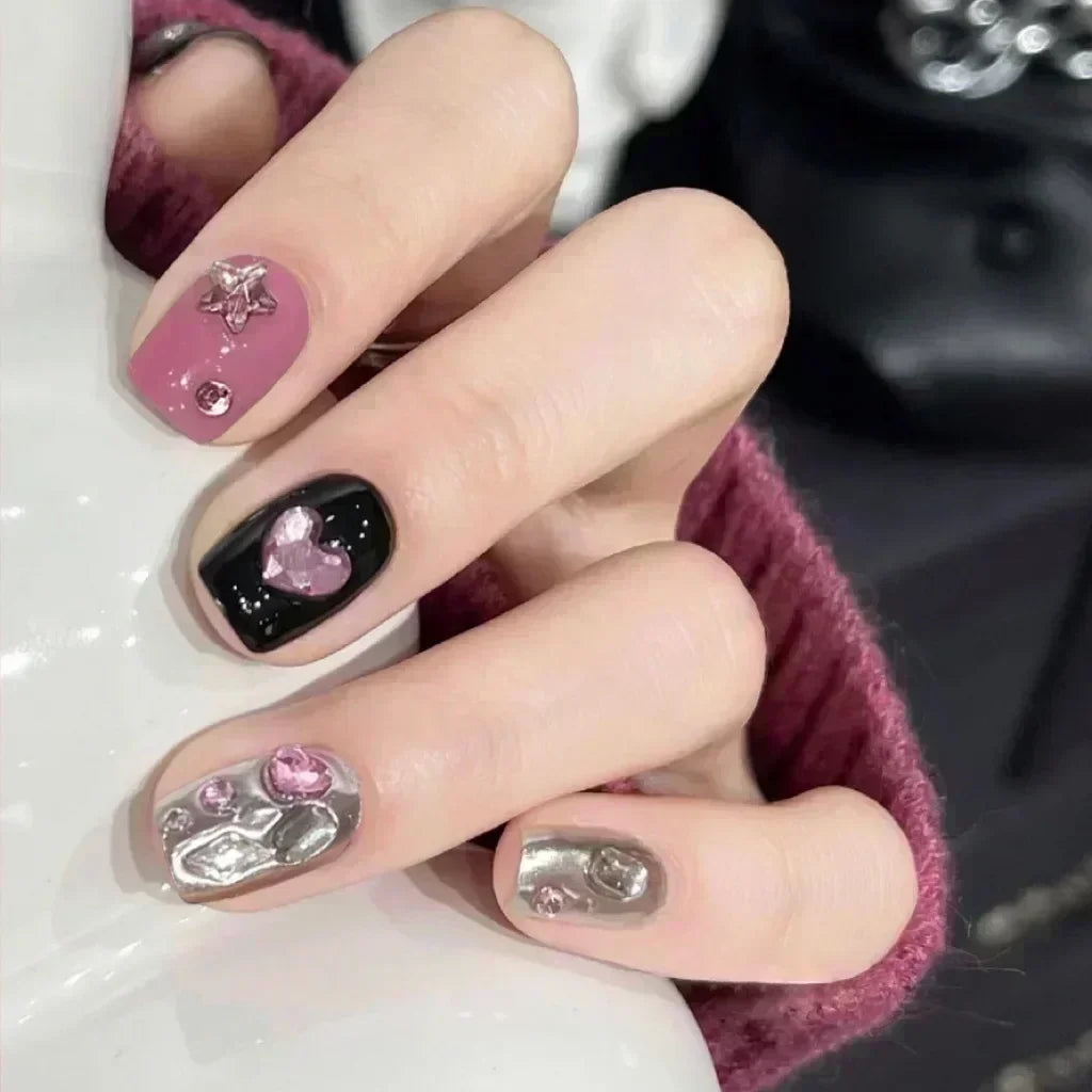 24pcs Cute Girly Short Square False Nails Sweet White French Nail Glitter Star Rhinestones Nail Art Cat Eye Bow Press On Nails