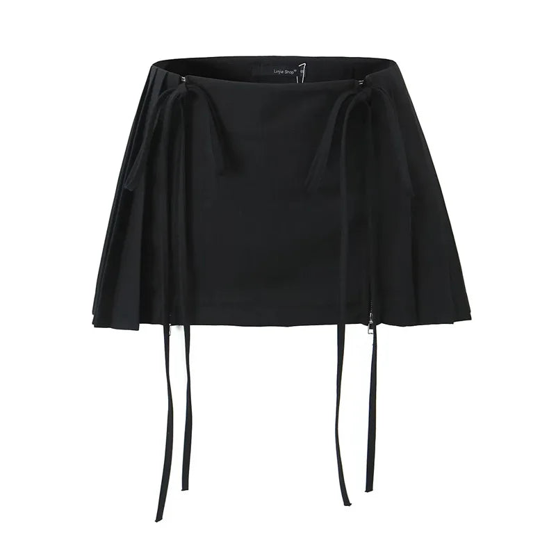 Sexy Lace Up Double Zipper Pleated Mini Skirt 2026 New Summer Fashion Elegant Women Low Waist Skirts Outfits Bottom Y2K