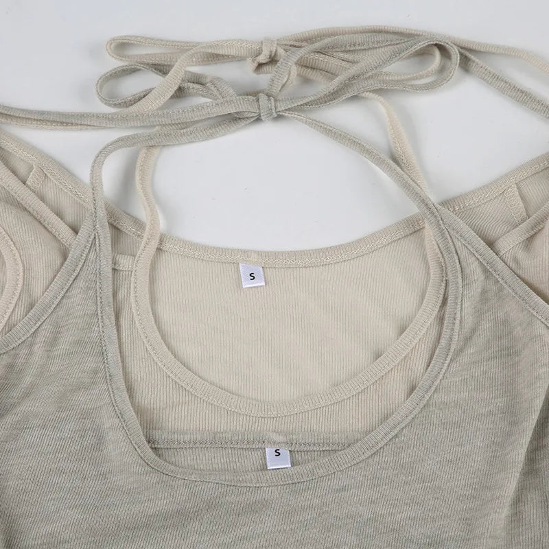 Y2k Aesthetic Fake Two Pieces Sexy Tshirts Harajuku Halter Bandage Hollow Out Tops Streetwear Grunge Slim Fit Cropped T-shirt
