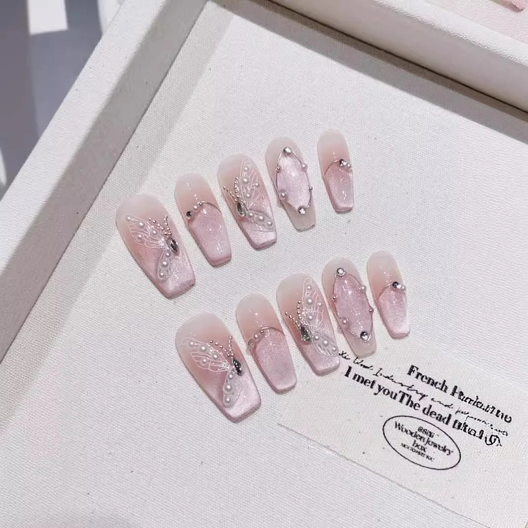 10Pcs Sweet Mid-length Ballet False Nails Art Fashion Pink Cat Eye Lovely Bow Wearable Finished Nails Set Summer Acrylic Nails