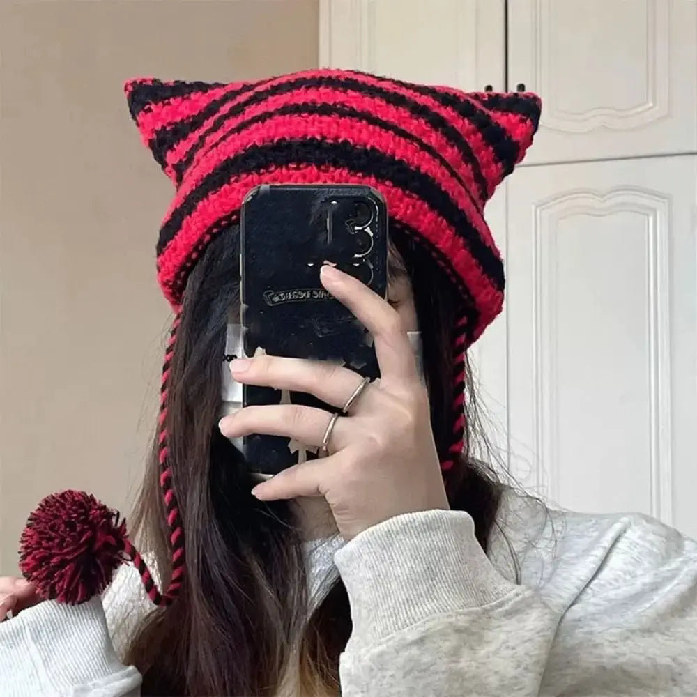 Fshion Y2K Knitting Striped Beanie Hat Cute Wool Hanging Ball Knitted Beanie Hat Cat Ears Pointed Pullover Hats Autumn Winter
