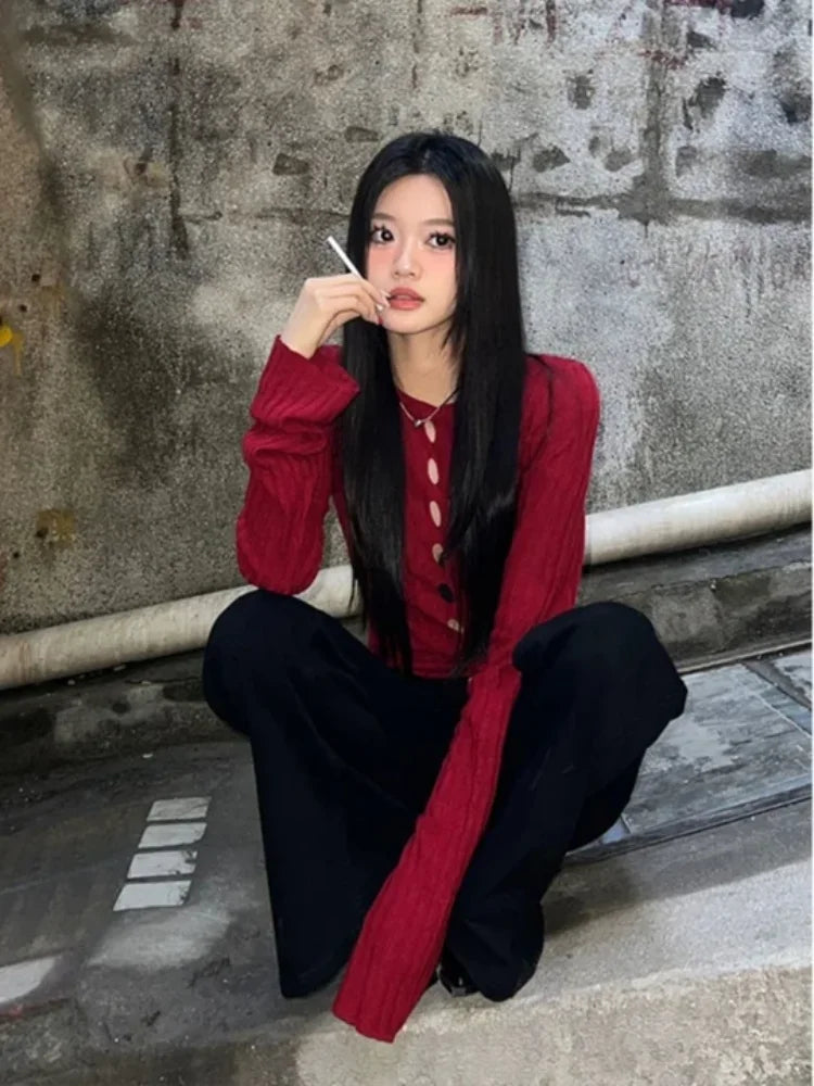 American retro spicy girl hollow hole knitted women's sweater autumn and winter Y2K retro slim fit women's tops millennium style