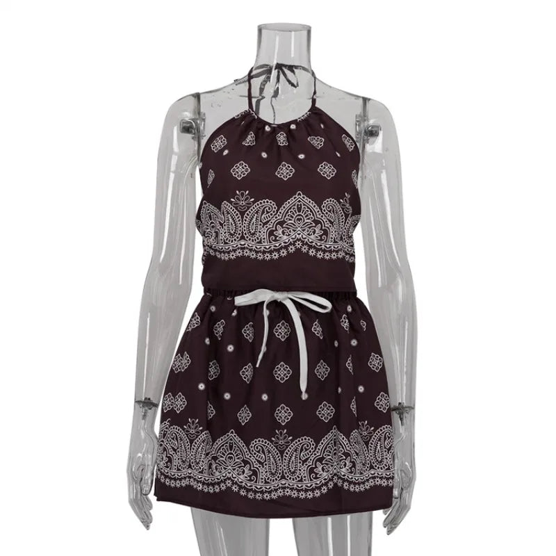 BWQ Vintage Print Dress Sets Women Sexy Summer Lace-up Top High-Waisted Mini Skirt Set Hot Girl Party Vacation Dress Sets