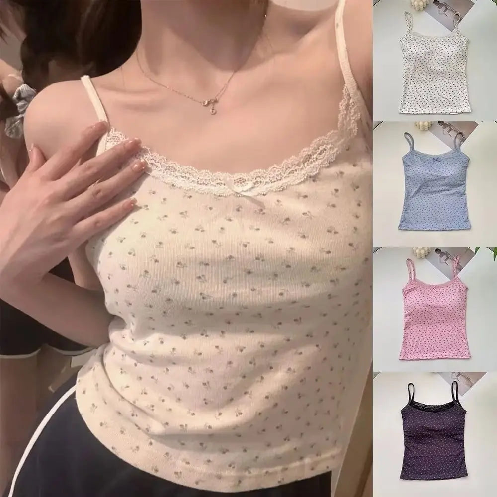 Elegant Sweet Floral Tank Tops Bowknot with Cups Pad Lace Vest T-Shirt Sleeveless Casual Y2k Crop Top Spring Summer