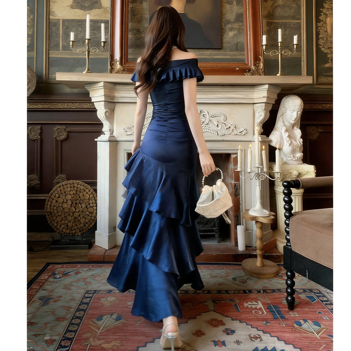 Off-Shoulder V-Neck Ruffled Mermaid A-Line Mid-Calf Evening Gown | Inspired by Beren Saat