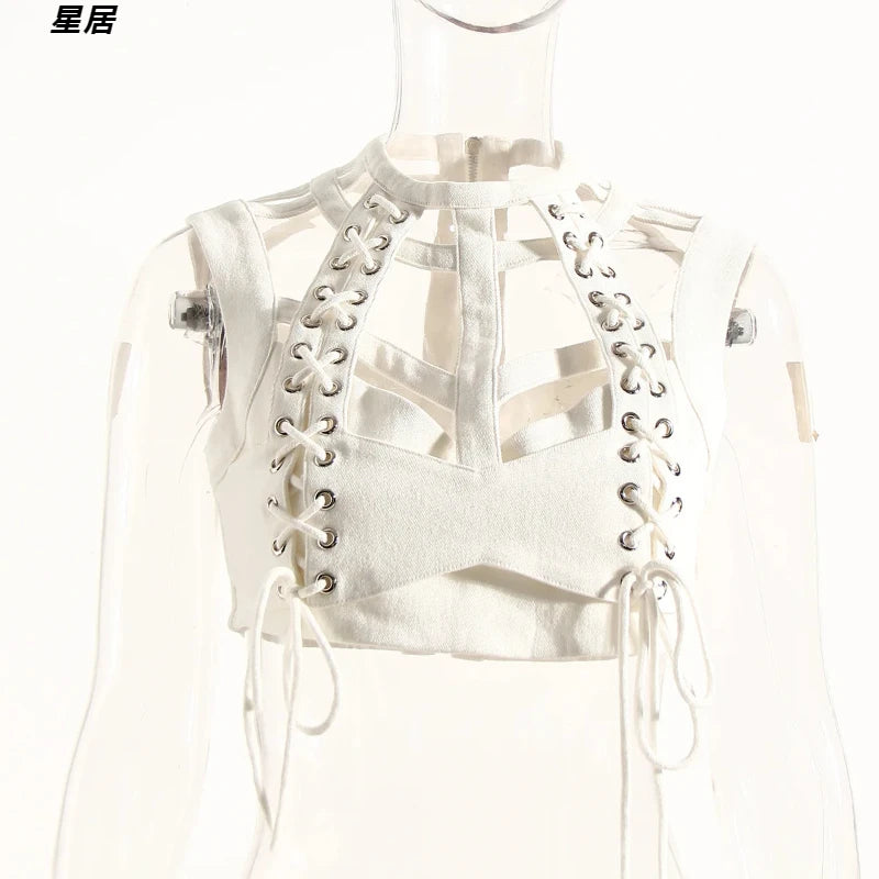 Kpop Korean Women Singer Hip Hop Jazz Dance Outfits Sexy Hollow Out Halter Vest Crop Tops Loose Straight Jeans Y2K Stage Costume