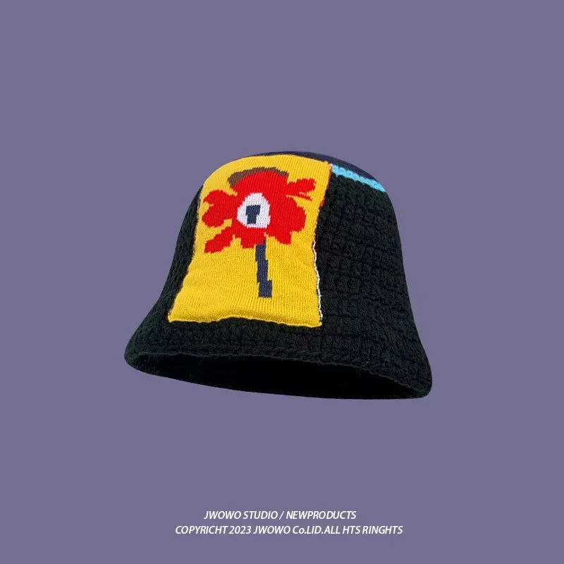 2023 Autumn New Crochet Korean Handmade Bucket Hat Women Weaving Knitted Hat  Fashion Flowers Autumn Winter Beanies Basin Cap