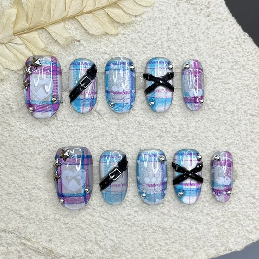 Y2K Neon Blue Pink Checkered Oval Press On Nails Handmade 3D Star Stud Bow Cherry Short Cute Baddie Cat Eye Glitter Fake Nails