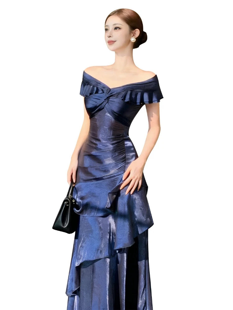 Off-Shoulder V-Neck Ruffled Mermaid A-Line Mid-Calf Evening Gown | Inspired by Beren Saat