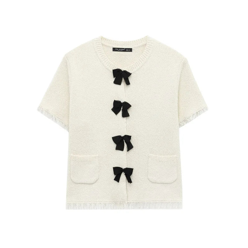 Elegant Knitted Short Sleeve Coat with Butterfly Knot Tassel for Women Summer Casual Set Ice Porcelain Cotton Street Style