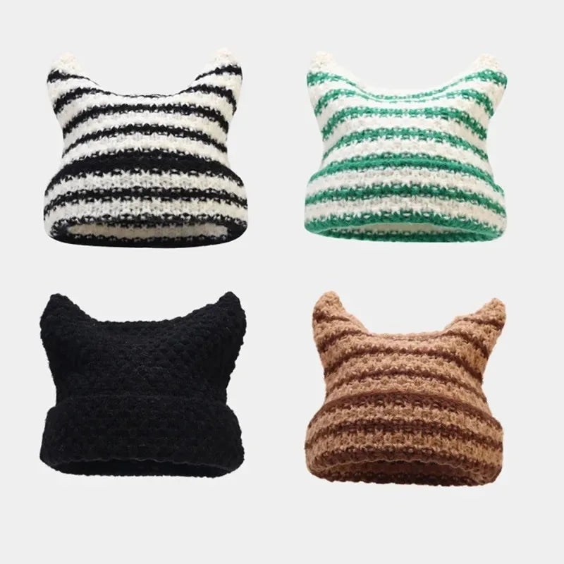 Y2K Cat Ears Striped Knitted Beanie | Inspired by Wonyoung