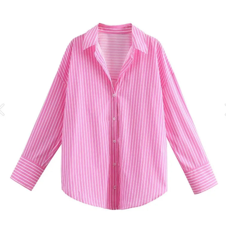 Striped Collar Shirt Oversized Single Long Sleeve Shirt Casual Stylish Loose Chic Button Shirt Spring Womens Versatile Top