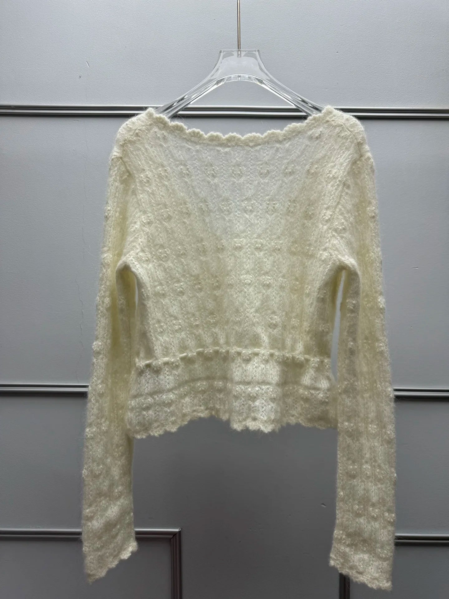 Autumn Women's Hollow Knit Cardigan Drawstring Waist Scallop Edge Cropped Sweater Coat Sweet Casual Outwear