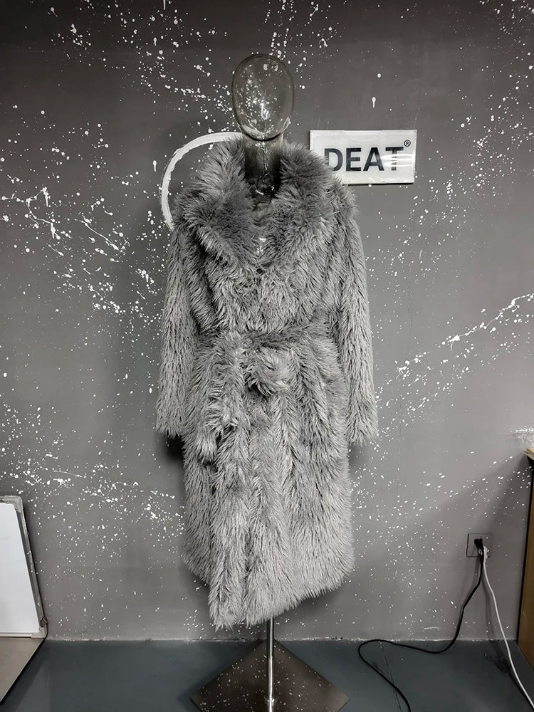 DEAT Fashion Gray Long Imitation Fur Coat Women's Lapel Loose Long Sleeves Plush Thick Overcoat Winter New 7A1438