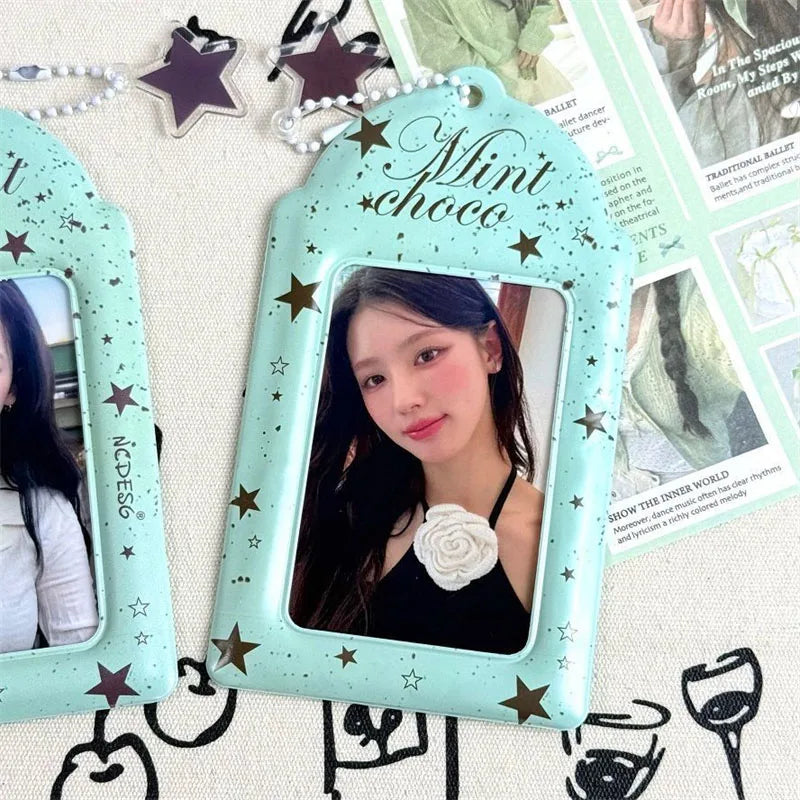 Y2K Itabag Mint Chocolate Kpop Photocard Holder 3 Inch Cute PVC Card Sleeve with Star Keychain for Idol Photo Display Bag Charm