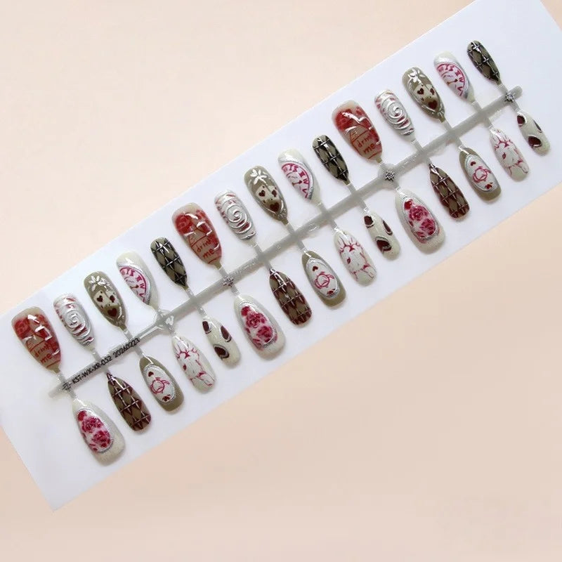 30pcs 3D Dream Rose Press on Nails Heart & Animal Wave Fake Nail Short Almond Full Coverage Nail for Women&Girl False Nail Art