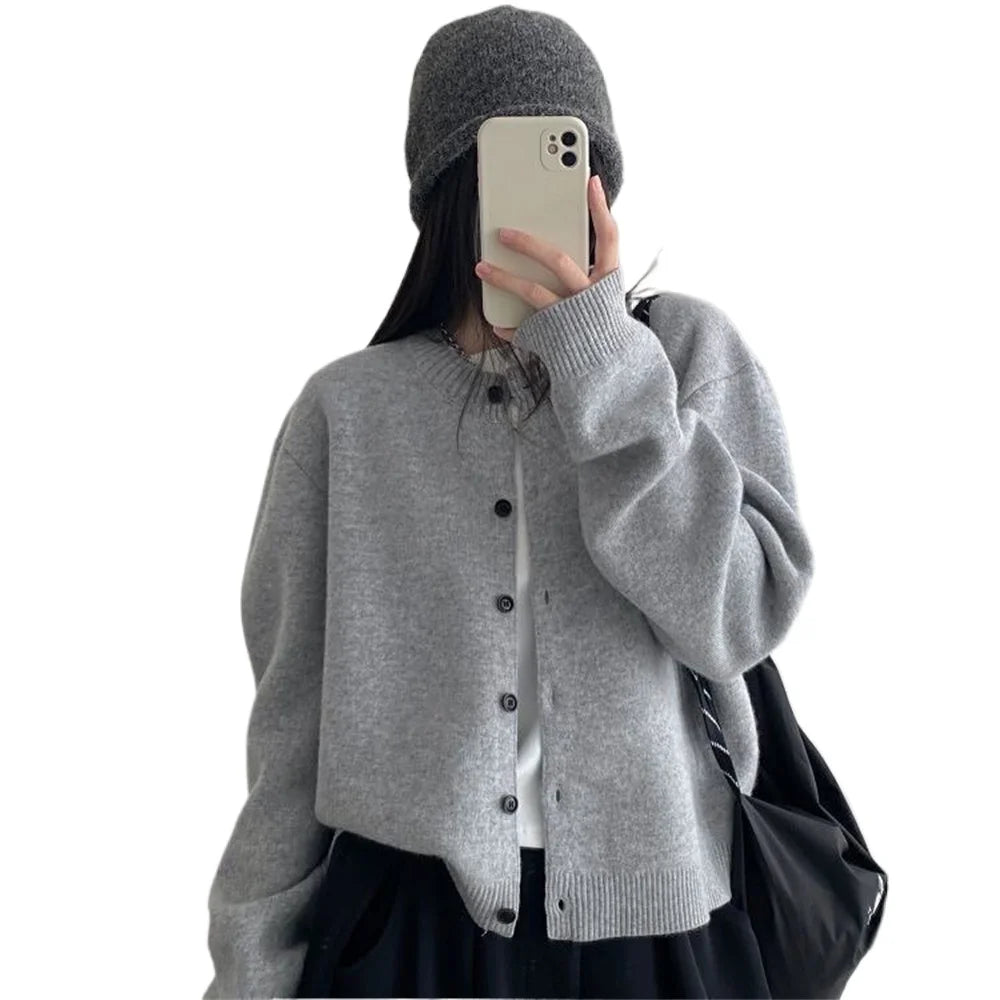 2026 New Women Cardigan Solid Single-breasted Loose Short Round Neck Off Shoulder Female Sweater Soft Autumn Winter Clothes Tops