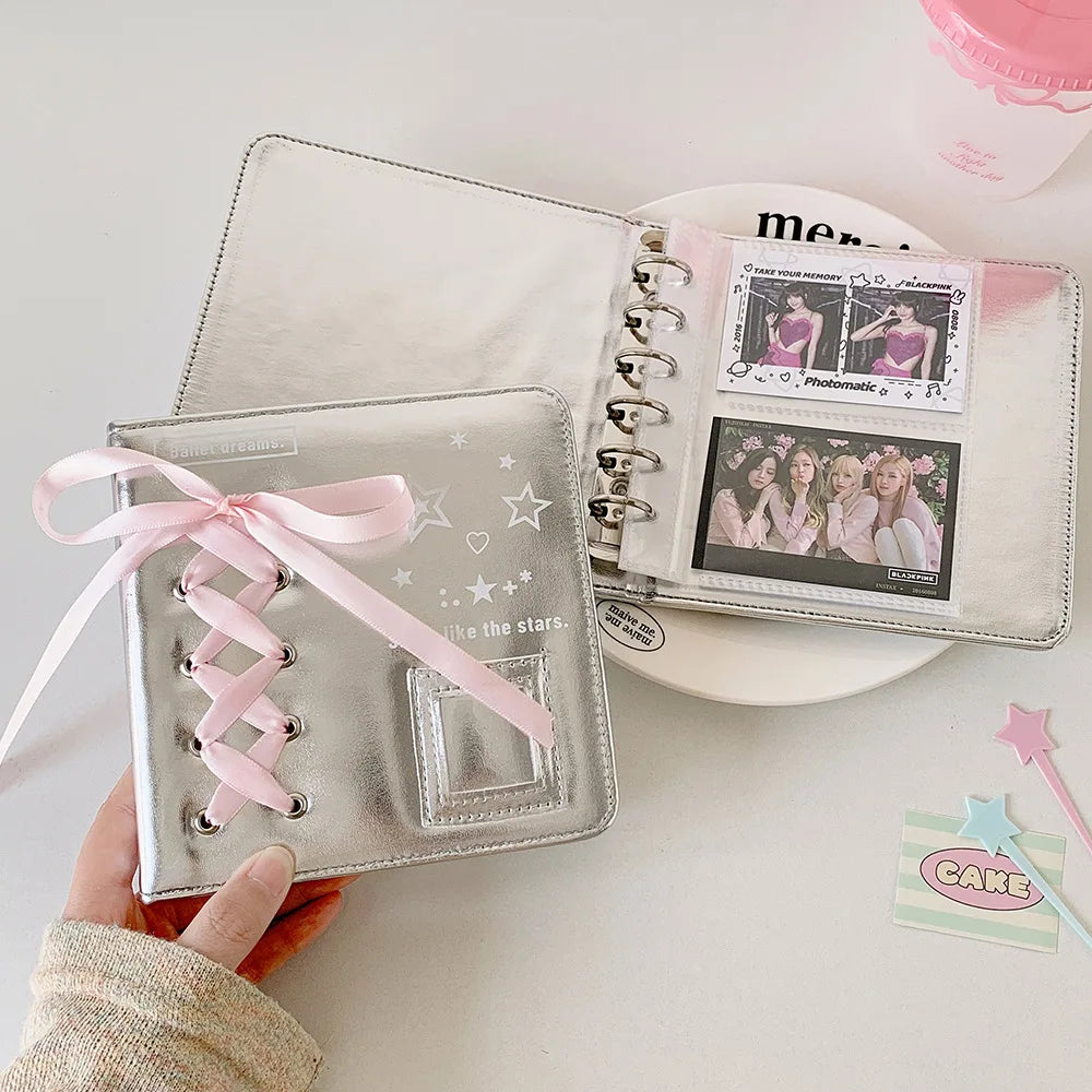 A5 A7 Silver PU Leather Photocard Binder Album Photos Cards Book Pink Bowtie Decor Instax Mini Collect Scrapbooking Scrap Album