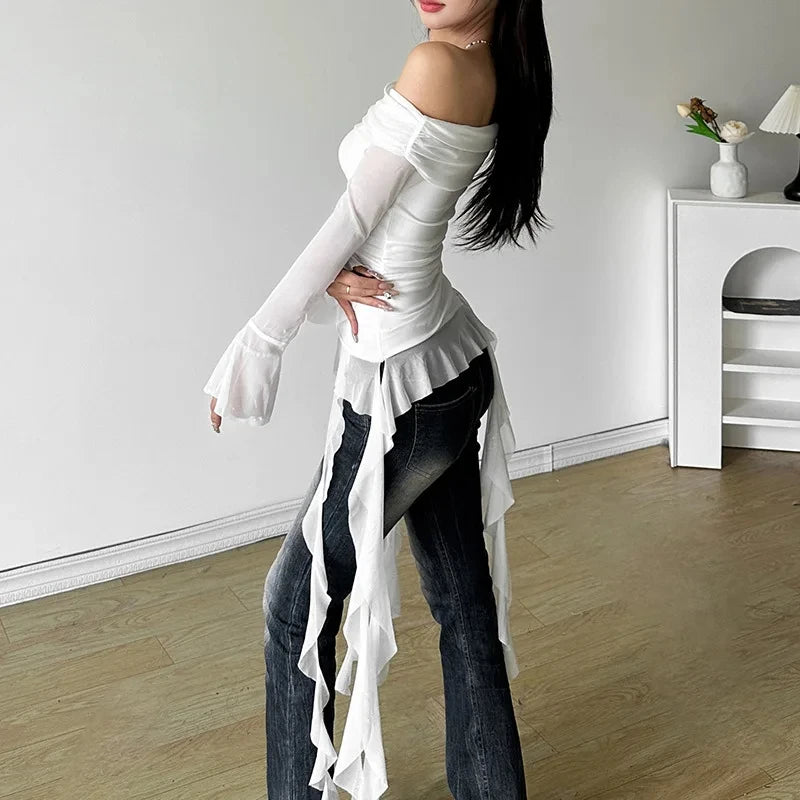Y2K Slash Neck White T Shirt Women Sexy Streetwear Irregular Ruffles Black Mesh Crop Tops Gyaru Harajuku Grunge Long Sleeve Tees