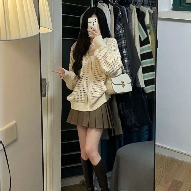 Hollow Knitted Sweater Design Hooded Loose Outer Thin Jacket Korean Spring Summer Zipper Cardigan Top for Women