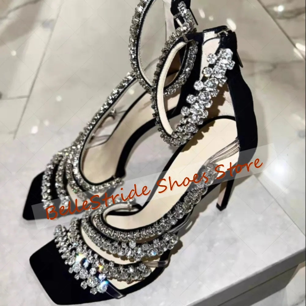 Black Back Zipper Crystal Sandals Open Toe Women Shoes Stilettos High Heels Party Banquet Dating 2025 Zapatos Para Mujere