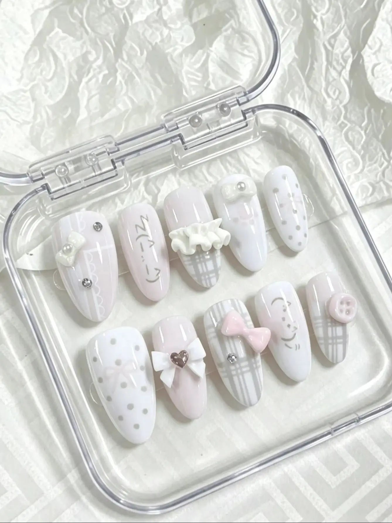 10 Pieces of Handmade Almond-Shaped Full-Cover Nail Tips, Medium Length, Pink and White Cherry Polka Dots, Soft and Sweet Style, Featuring 3D Cherry, Polka Dot, and Star Designs, Using Nude-Toned Cat Eye and 3D Decoration Tec