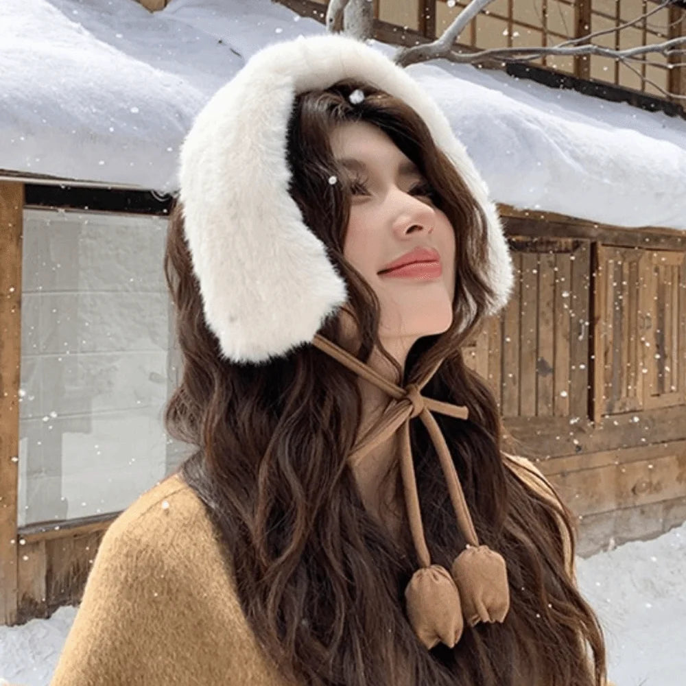 Sweet Rabbit Fur Earmuffs Multi Functional Headband Warm Scarf Tulip Flower Tether Neckerchief Fur Neck Warmer Daily Use